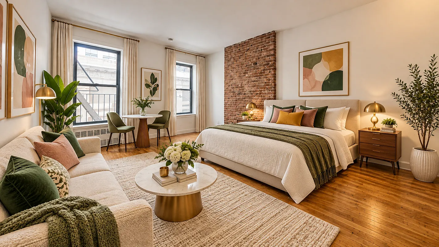 Staged studio interior with exposed brick at 212 East 85th Street, Apt. 3B